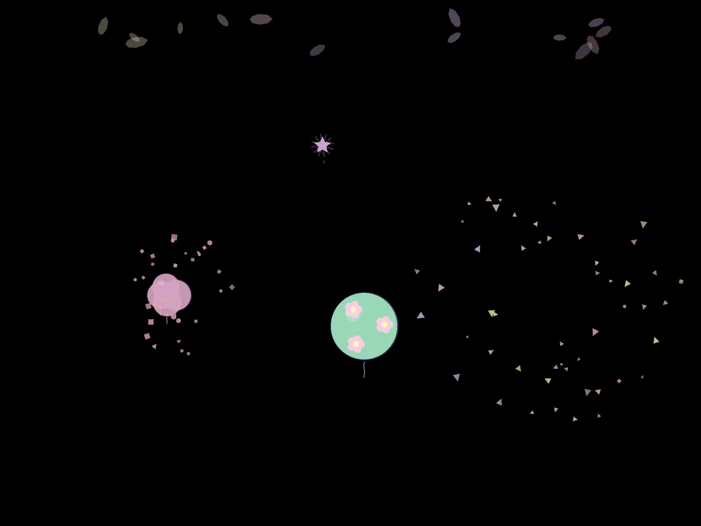 Tombli on iPad: soft pastel bubbles and glowing shapes drifting across a dark canvas