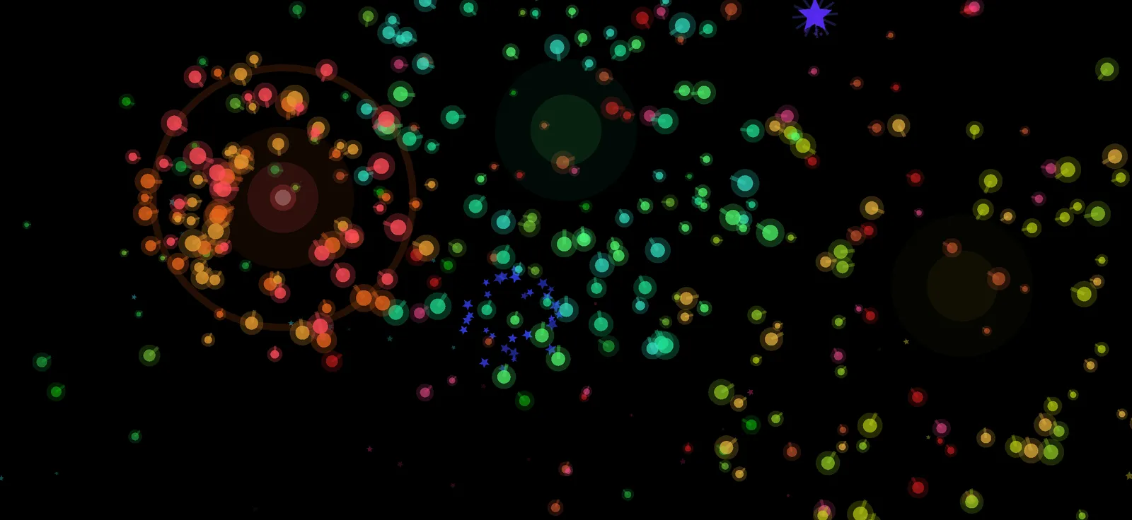 Tombli on iPhone: colourful bubbles, tiny blue stars and a blooming ring pattern scattered across a dark canvas